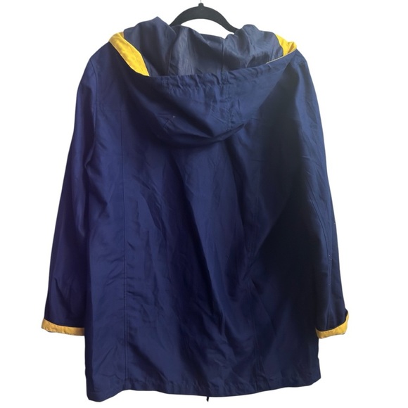 St. John's Bay Navy Blue Yellow Trim Hooded Rain coat Jacket medium snap pockets - Picture 4 of 5